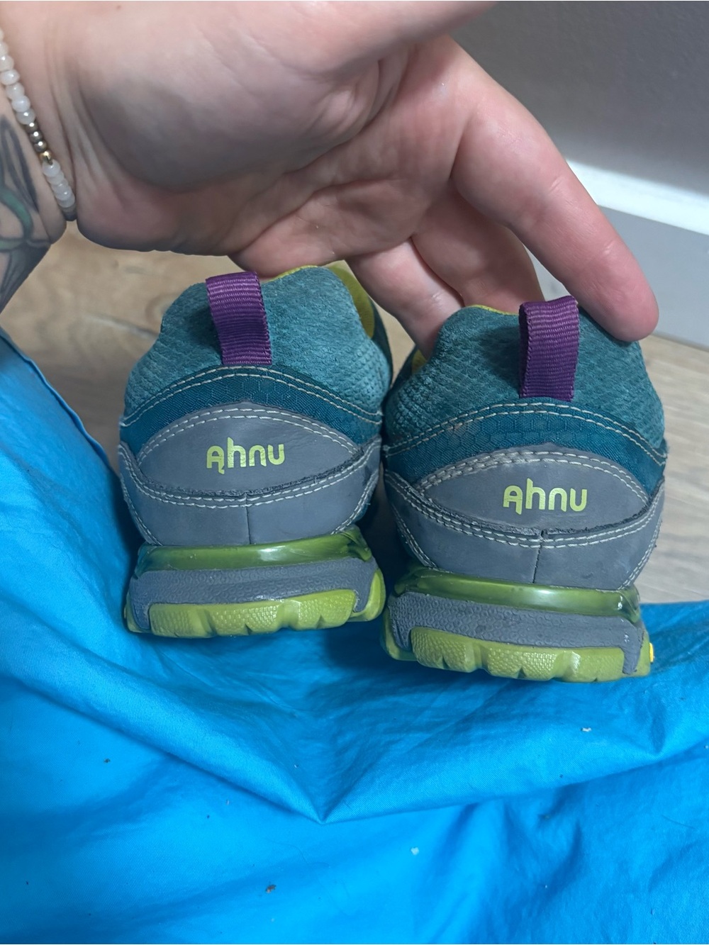 Ahnu Kids Teal and Gray Sneakers with Lime and Purple Accents